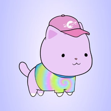 A cute cartoon illustration of a pink cat wearing a pink cap with a logo and a pastel rainbow-colored hoodie against a light blue background.