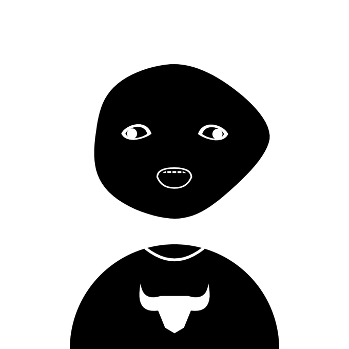 A minimalist black and white stylized illustration of a figure with an alien-like face, featuring large eyes and an open mouth, wearing a shirt with a bull/horned emblem on the chest.