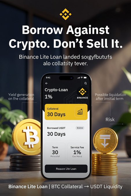 A smartphone displays a Binance Lite Loan interface showing a 1% Crypto-Loan with 30-day collateral terms and 30-day borrowed USDT period, accompanied by 1% service fee and 30 term periods, flanked by physical Bitcoin and Tether coins against a dark background with the headline "Borrow Against Crypto. Don't Sell It." and annotations highlighting yield generation on collateral and possible liquidation risk after the initial term.