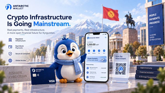 An advertisement for Antarctic Wallet in Bishkek, Kyrgyzstan, showing a penguin mascot, a phone displaying a 1,250.00 USDT balance, and a Visa card with text 'Crypto Infrastructure Is Going Mainstream.'