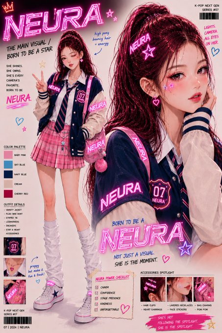 K-pop character profile poster for 'NEURA' (K-POP NEXT GEN SERIES #07), depicting a high ponytail girl in a varsity jacket and pleated skirt with 'NEURA 07' branding, listing neon pink, sky blue, navy blue, cream, and cherry red as the color palette, with the tagline 'Born to be a NEURA, not just a visual.'