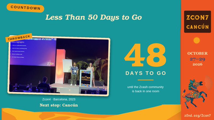 A countdown promotional graphic for 'ZCON7 CANCÚN' scheduled for October 27-29, 2026, displaying '48 DAYS TO GO' and 'Less Than 50 Days to Go' with a throwback image labeled 'Zcon4 - Barcelona, 2023' and the URL 'zind.org/zcon7'.