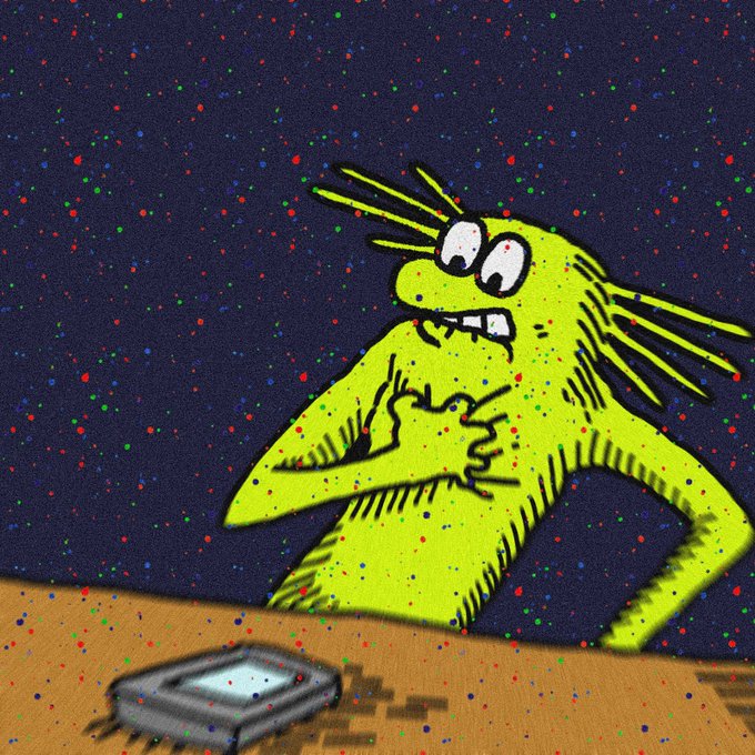 A cartoon-style illustration of a green lizard-like creature with a surprised expression and yellow hair tufts, set against a dark blue background with colorful speckles.