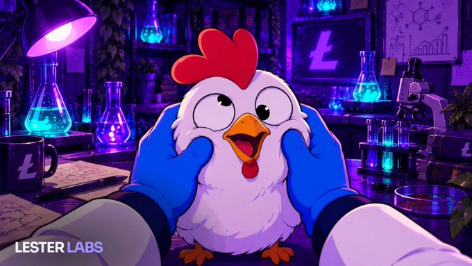 An animated cartoon chicken being squeezed by blue-gloved hands in a purple-lit laboratory with 'L' logos and 'LESTER LABS' text.