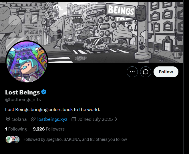 A Twitter/X profile page for 'Lost Beings' (@lostbeings_nfts) showing a grayscale cityscape banner and a colorful avatar, with the bio 'Lost Beings bringing colors back to the world.' and 9,226 followers.