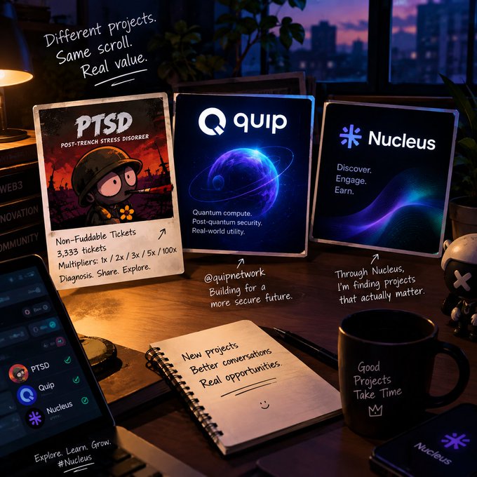 A stylized promotional image featuring three project cards—PTSD (Post-Trench Stress Disorder), Quip (quantum compute/post-quantum security), and Nucleus (Discover. Engage. Earn.)—displayed on a desk with handwritten notes reading "Different projects. Same scroll. Real value."