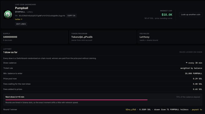 A Pumpbull cryptocurrency dashboard showing a token called PUMPBULL on Solana with a market cap of $18.0K and details about an upcoming lottery draw in approximately 8 minutes.