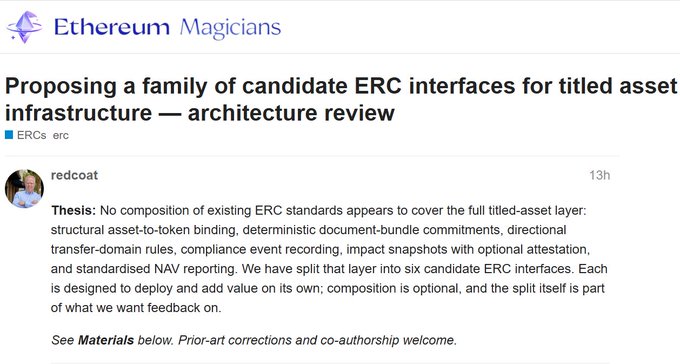 An Ethereum Magicians forum post titled 'Proposing a family of candidate ERC interfaces for titled asset infrastructure — architecture review' by user redcoat.