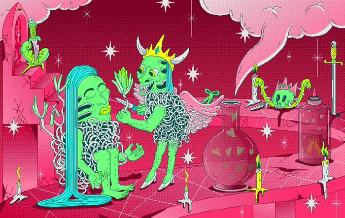 A vibrant pink-toned cartoon illustration showing green-skinned figures with horns and crowns in a ritualistic scene with candles, potions, and winged creatures.