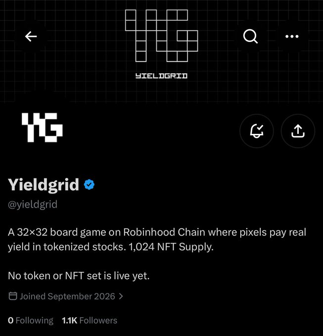 A screenshot of an X (Twitter) profile for 'Yieldgrid' (@yieldgrid), describing it as 'A 32×32 board game on Robinhood Chain where pixels pay real yield in tokenized stocks. 1,024 NFT Supply.' with 1.1K followers.