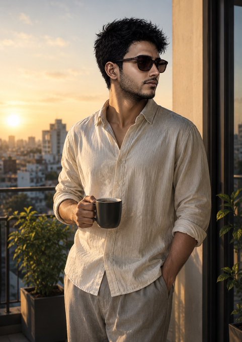 A young man with dark hair and sunglasses stands on a balcony at sunset, wearing a cream-colored linen shirt and holding a black coffee mug, with a cityscape behind him.