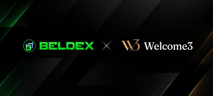 A sleek, dark graphic displays a partnership or collaboration announcement between 'BELDOEX' in green and 'Welcome3' in gold and white.