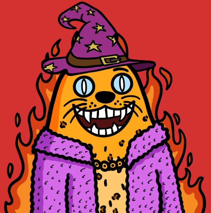 A cartoon illustration shows a grinning orange cat wearing a purple wizard hat with stars and a fuzzy purple coat, surrounded by flames against a red background.