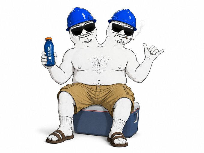 A cartoon two-headed figure wearing hard hats and sunglasses smokes a joint while holding a "base" branded bottle, sitting on a cooler in a relaxed, carefree pose. The "unc" reference likely refers to the Base blockchain (base.app), with the dual-headed character humorously suggesting doubling down on bullish conviction for the project.