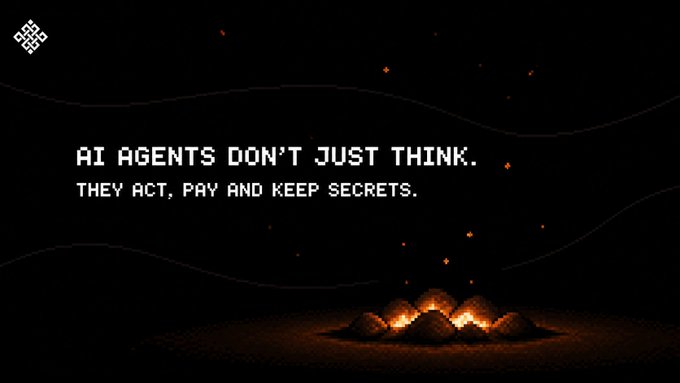 A dark-themed graphic featuring pixel art and the text 'AI AGENTS DON'T JUST THINK.. THEY ACT, PAY AND KEEP SECRETS.'