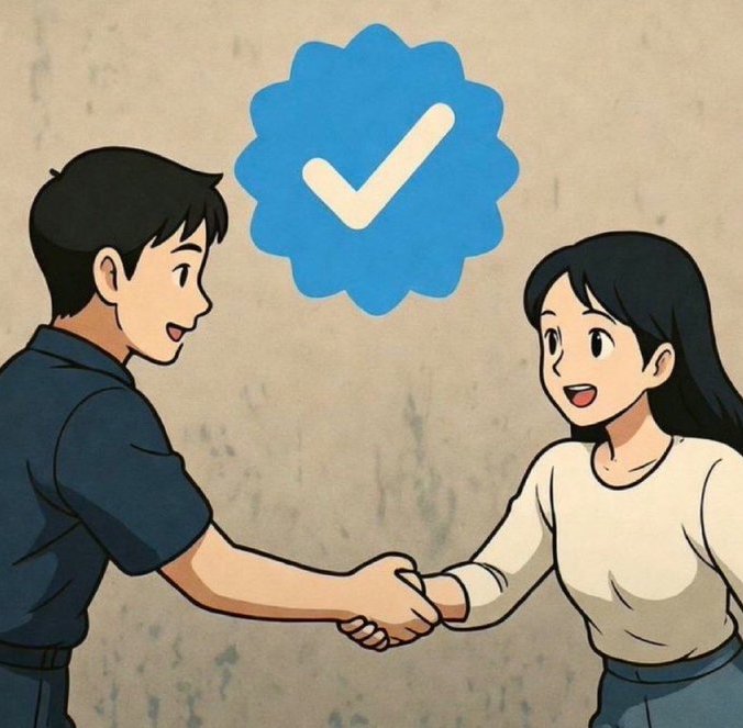 An illustration of a man and a woman shaking hands with a large blue checkmark icon above them against a textured beige background.