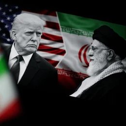 A composite image shows Donald Trump in front of a US flag and Iran's Supreme Leader Ayatollah Khamenei in front of an Iranian flag, symbolizing the potential US-Iran ceasefire discussed in the accompanying news. The flags of the US and Iran are superimposed.