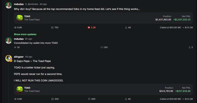 Social media posts discussing 'TOAD - The Toad Pepe' cryptocurrency, with users sharing large profit figures, such as a $2,437,882.05 position with +$2,437,320.15 net PNL, and comments like 'PEPE would never run for a second time.'