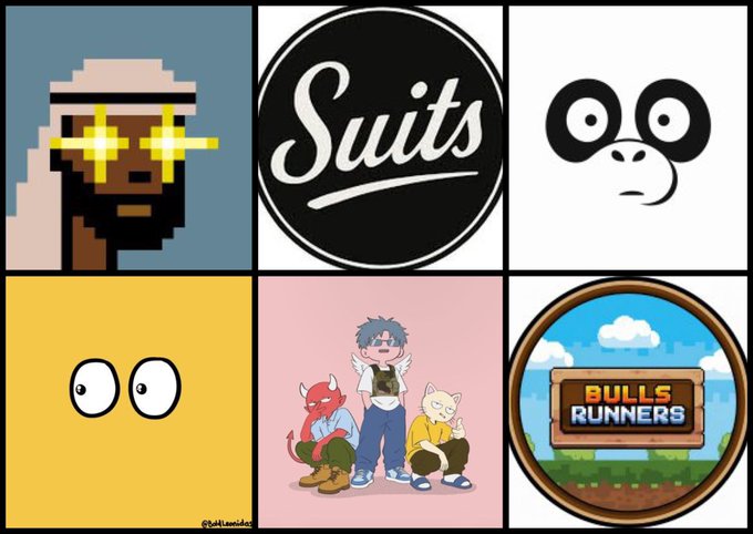 A six-panel collage featuring a pixelated character with glowing yellow glasses, a 'Suits' logo, a monkey face meme, a yellow square with googly eyes, an anime-style character with small demons, and a 'BULLS RUNNERS' circular logo.