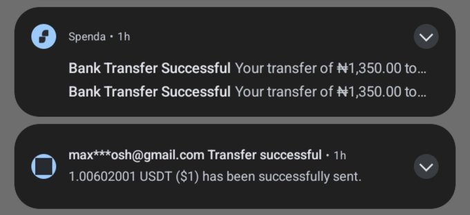 Two bank transfer notifications on a dark background: two from Spenda showing ₦1,350.00 transfers, and one from max***osh@gmail.com confirming '1.00602001 USDT ($1) has been successfully sent.'