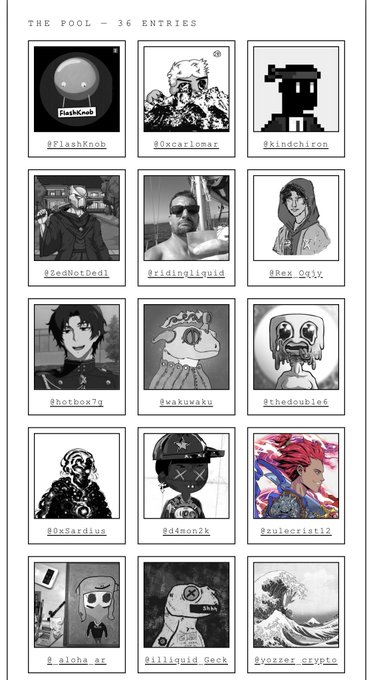 Grid of 16 character profile images labeled 'THE POOL - 36 ENTRIES' with usernames like @FlashKnob, @oxcarlomar, and @shotboxTg displayed beneath each.