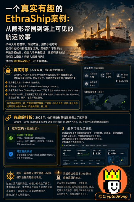 Chinese infographic about the EthraShip case study, explaining how Ethra Invest transitioned from an invisible empire to visible blockchain shipping stories, with a pixel art character and @CryptoUKong watermark.
