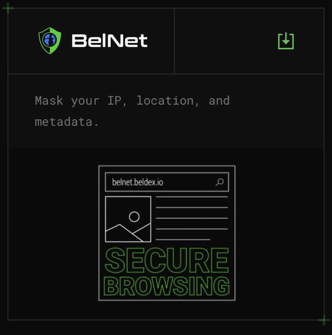 A promotional graphic for BelNet (belnet.beldex.io) advertising secure browsing that masks your IP, location, and metadata.