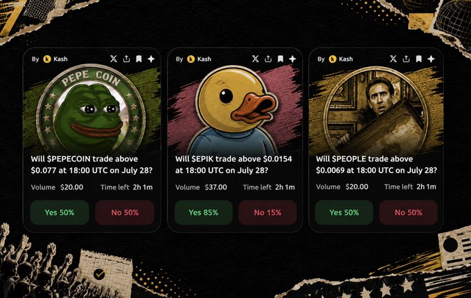Three prediction market cards from Kash ask whether $PEPECOIN will trade above $0.077 (Yes 50%), $EPIK above $0.0154 (Yes 85%), and $PEOPLE above $0.0069 (Yes 50%), all at 18:00 UTC on July 28.