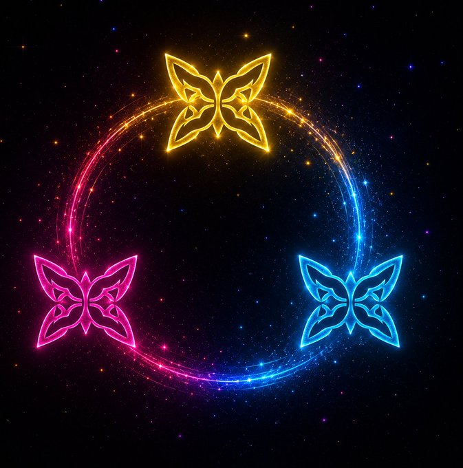 A digital illustration features three glowing neon butterflies in yellow, pink, and blue arranged in a triangle with a circular light trail against a starry background.