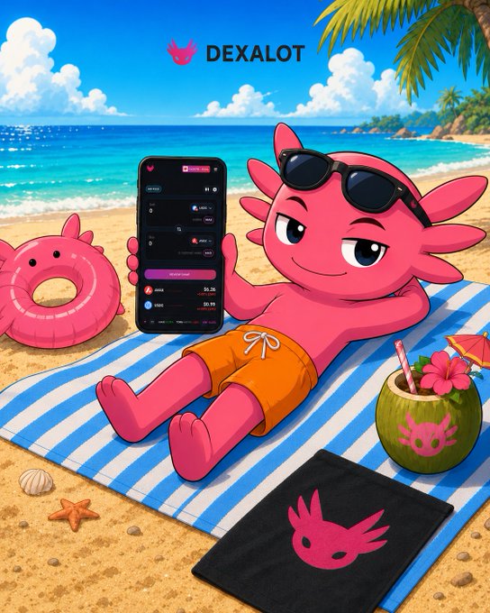 A promotional illustration for DEXALOT showing a pink axolotl character wearing sunglasses, lounging on a beach towel while holding a smartphone displaying a trading interface, with a coconut drink nearby.