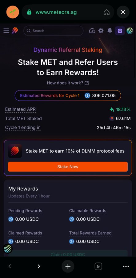 A screenshot of the Meteora (www.meteora.ag) website showing their "Dynamic Referral Staking" page, featuring an estimated reward of 306,071.05 tokens, an 18.13% APR, 67.61M MET staked, and a countdown of 25 days, 4 hours, 46 minutes, and 15 seconds until cycle 1 ends, with a prominent orange "Stake Now" button to earn 10% of DLMM protocol fees. The image is unrelated to the accompanying post about streamflow.finance, as it depicts Meteora's staking interface rather than a Streamflow token contract page.