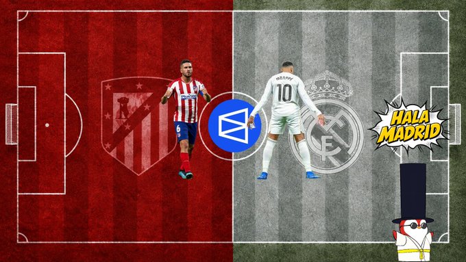 A split-screen sports graphic shows an Atlético Madrid player on a red field background and a Real Madrid player on a white background, with a 'HALA MADRID' speech bubble and a mascot character.
