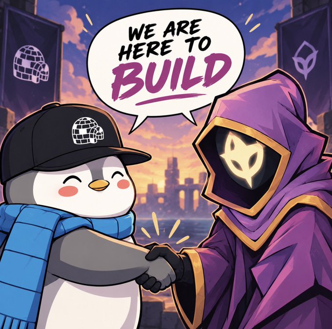 Two cartoon characters—a smiling penguin in a brick-logo cap and scarf shaking hands with a purple-cloaked figure in a golden mask—stand before a city skyline at sunset, with the penguin declaring "WE ARE HERE TO BUILD" in a speech bubble, visually reinforcing the post's message of commitment to long-term collaboration over short-term "quick flip" projects in crypto and gaming.