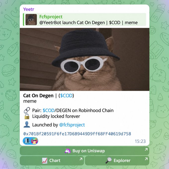 A Yeetr notification about the launch of 'Cat On Degen | ($COD)' meme coin on Uniswap via @YeetrBot, featuring a cat wearing a black bucket hat and white sunglasses.