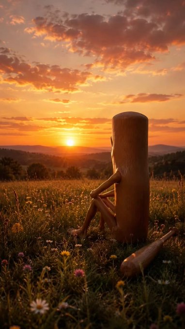 A wooden mannequin sits slumped against a post in a flower-filled meadow at sunset, evoking a weary traveler resting after a long journey—mirroring the surprise nature of a "triple t" coin sent overnight and expected to skyrocket to a 500m valuation.