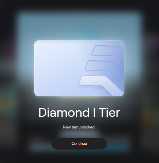 A digital notification screen announcing a "Diamond I Tier" achievement with the text "New tier unlocked!" and a "Continue" button.