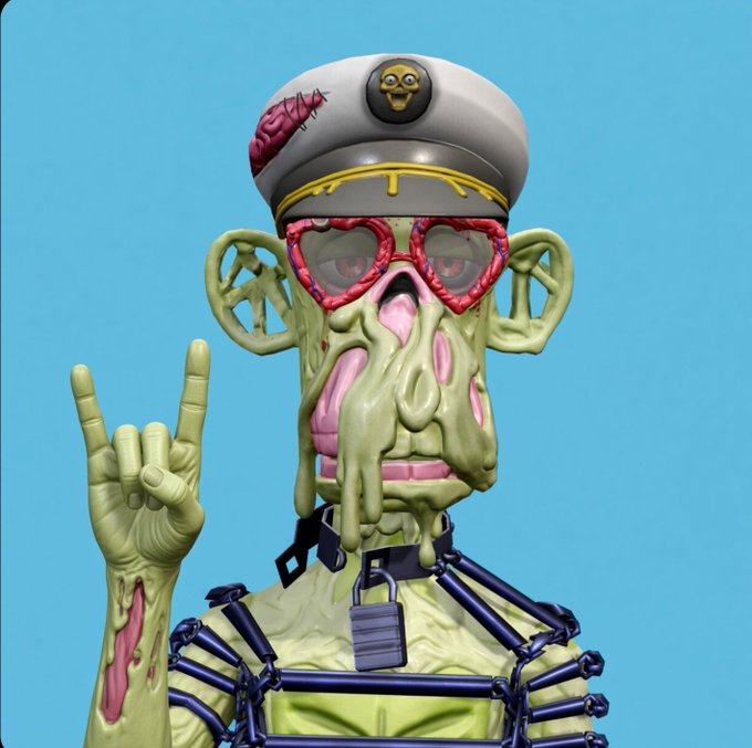 A 3D rendered character with a grotesque, green, zombie-like appearance wears a sailor hat, heart-shaped pink sunglasses, and a cage-like garment while making a peace sign.