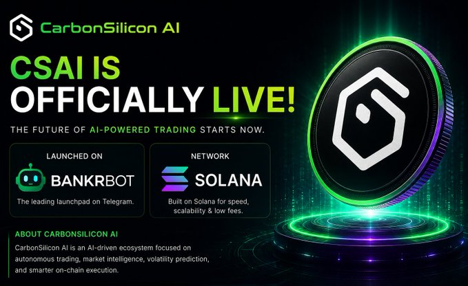 The image features a coin with a green background, which has a white logo of a house on it. The text "CSAI is officially live!" is displayed above this logo, indicating that the coin is currently available for purchase or trading. Additionally, there are two other logos in the image - one representing Bankrbot and another representing Solana. These logos suggest that the coin may be associated with a cryptocurrency exchange or wallet service, which could potentially offer support for multiple cryptocurrencies like Bitcoin.