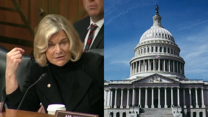 The image shows U.S. Senator Cynthia Lummis on the left, seated at what appears to be a congressional hearing with a nameplate partially visible, alongside the U.S. Capitol dome on the right. The visual pairs the senator with the seat of the U.S. government, illustrating the post's announcement that she indicated the Senate could hold a second vote on the Crypto Clarity Act before October 1st.
