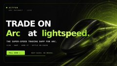 This image is a dark, green-toned promotional banner for a trading platform, prominently featuring the words "TRADE ON Arc at lightspeed." with "Arc" highlighted in a bold green font. The banner also displays the tagline "THE SUPER SPEED TRADING APP FOR ARC" and a "TEST SIGN-UP" button, suggesting it's an advertisement for an accelerated trading app built on or related to the "Arc" ecosystem mentioned in the accompanying post.