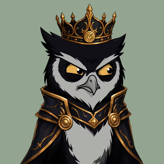 A digital illustration of a black and white bird-like creature wearing an ornate golden crown and armor against a green background.