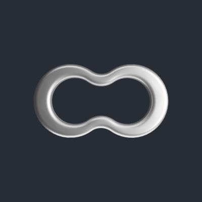 A 3D-rendered silver chain link or figure-eight shaped metallic object on a dark gray background.