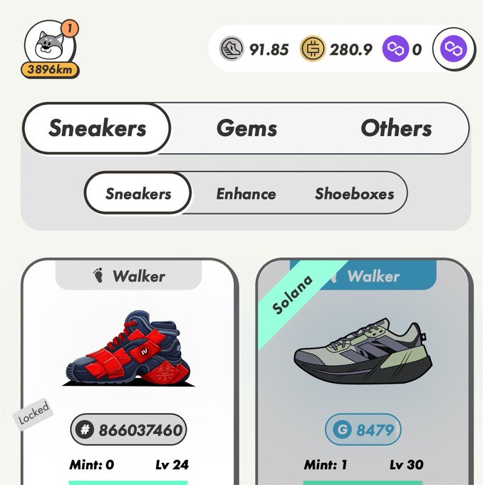 Screenshot of a mobile game interface showing 'Sneakers' inventory with a red/blue 'Walker' sneaker (locked) and a Solana 'Walker' sneaker at Level 30.