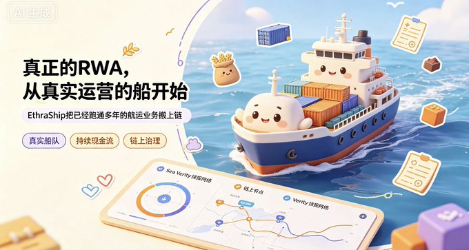 An advertisement for EthraShip featuring cartoon ships on water, with Chinese text promoting '真正的RWA, 从真实运营的船开始' (Real RWA, starting from real operating ships) and mentioning 'Sea Verify' and 'Verity' network.