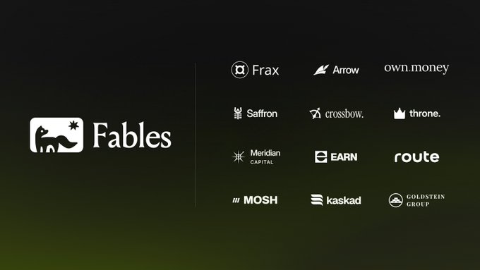 A logo display for 'Fables' alongside its partner/portfolio companies including Frax, Arrow, own.money, Saffron, crossbow, throne, Meridian Capital, EARN, route, MOSH, kaskad, and Goldstein Group.