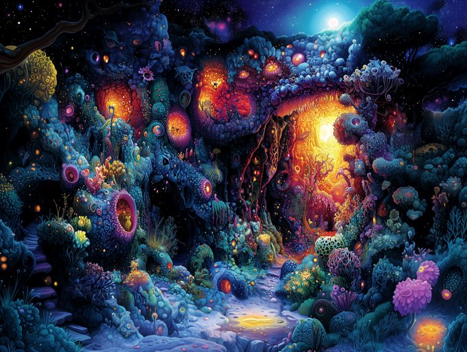 A vibrant, surreal fantasy artwork depicting a bioluminescent alien cave or coral reef scene with glowing orange and pink elements against a dark blue, starry background.
