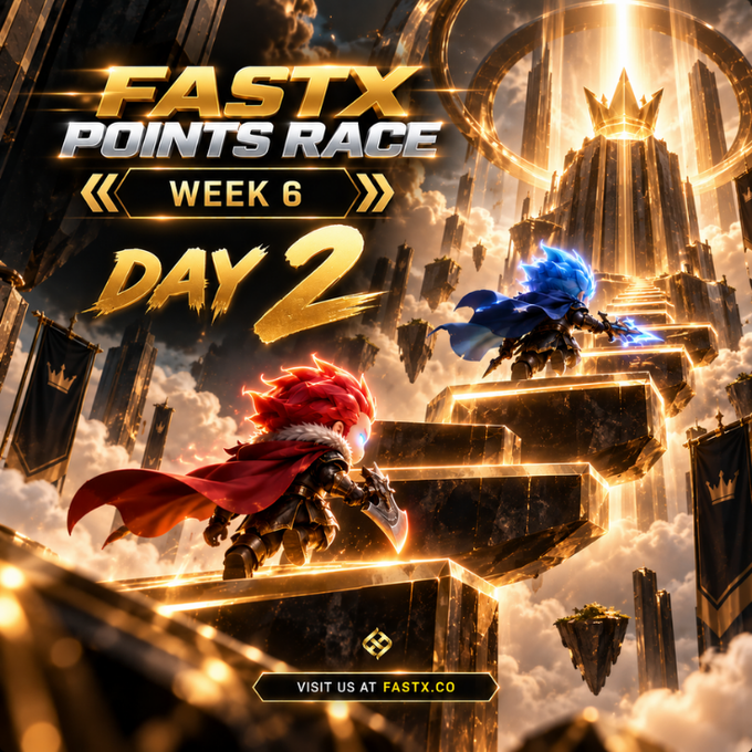 A promotional graphic for 'FASTX POINTS RACE WEEK 6 DAY 2' featuring fantasy artwork of two caped characters (one with red hair/cape, one with blue) climbing golden steps toward a glowing throne, with text 'VISIT US AT FASTX.CO' at the bottom.