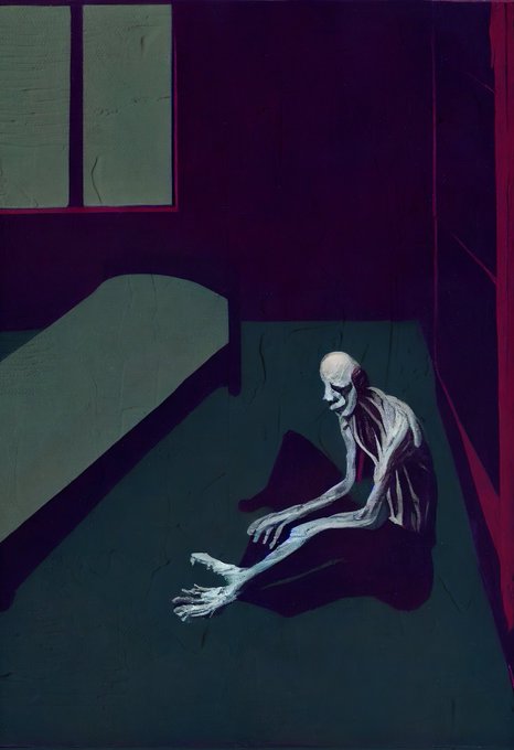 A gaunt, bald figure sits hunched on a bed in a dimly lit room with purple walls, rendered in dark, moody tones. The unsettling painting evokes themes of isolation and despair, complementing the artist's (@reylarsdam) evocative style shared in the "Gm" post.