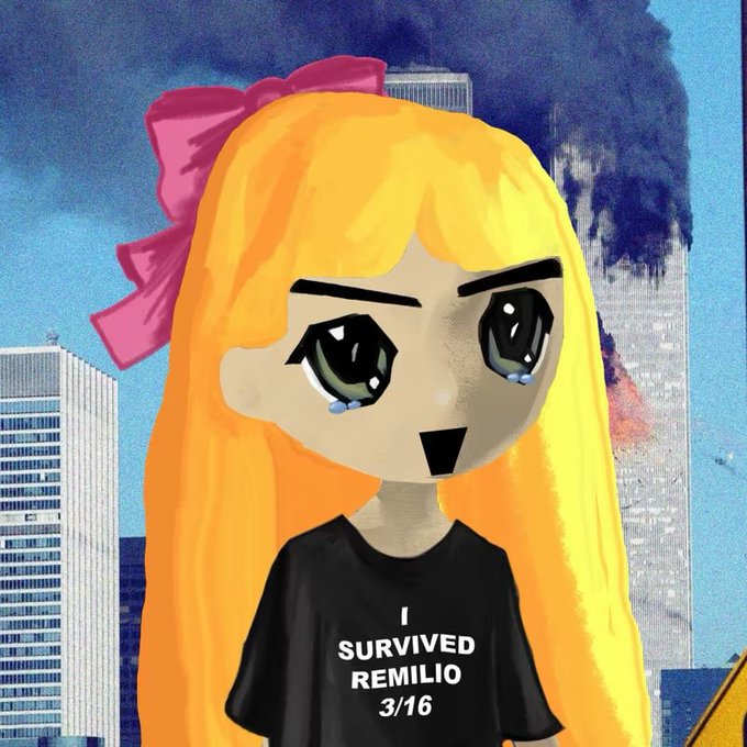 A cartoon girl with blonde hair and a pink bow, wearing a black "I SURVIVED REMILIO 3/16" shirt, stands in front of an image of the burning Twin Towers, creating dark shock-value imagery that pairs with the post's chaotic "retardio mode" commentary about crashing a stock to zero.
