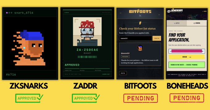Four Bitfoot Bitlist NFT profile cards labeled ZKSNARKS and ZADDR with 'APPROVED' status, and BITFOOTS and BONEHEADS with 'PENDING' status, displayed on a yellow background.